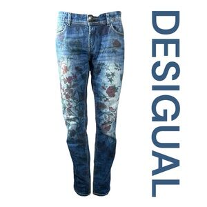 DESIGUAL Floral Rose Print Denim Jeans, Size 28.